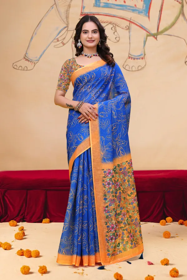 FLUIT_LESVETEMENTS_Floral_Print_Kalamkari_Cotton_Linen_Saree_with_Unstitched_Blouse_(Blue)