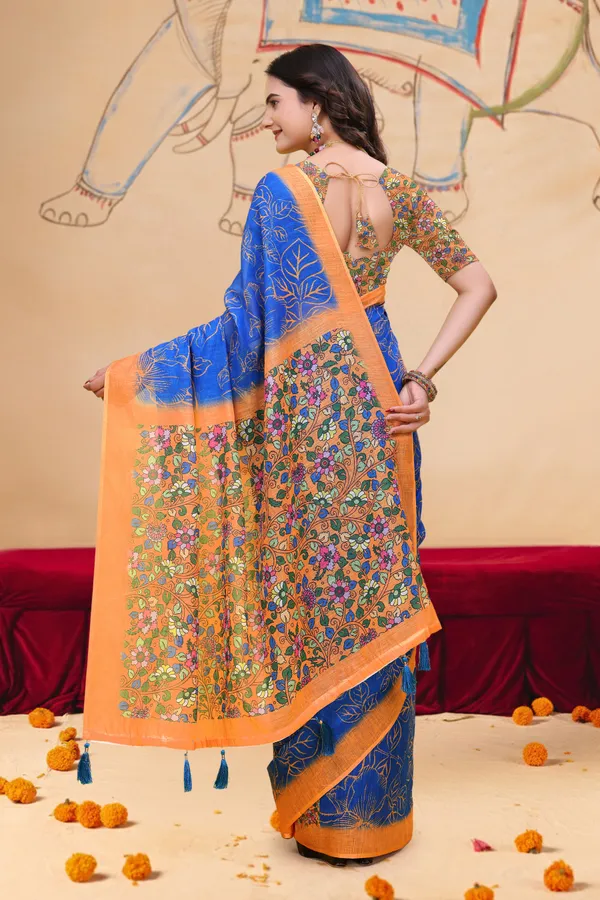 FLUIT_LESVETEMENTS_Floral_Print_Kalamkari_Cotton_Linen_Saree_with_Unstitched_Blouse_(Blue)