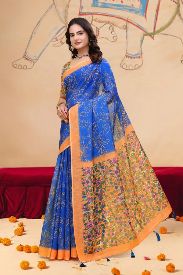 FLUIT_LESVETEMENTS_Floral_Print_Kalamkari_Cotton_Linen_Saree_with_Unstitched_Blouse_(Blue)