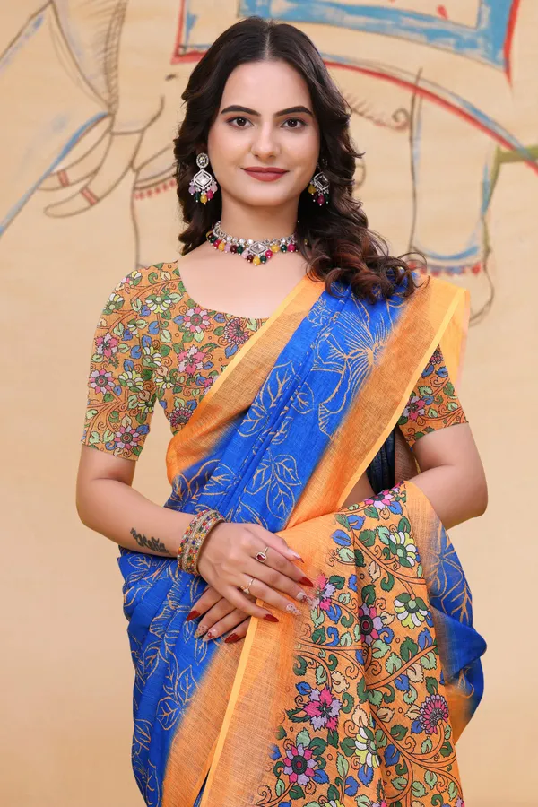 FLUIT_LESVETEMENTS_Floral_Print_Kalamkari_Cotton_Linen_Saree_with_Unstitched_Blouse_(Blue)