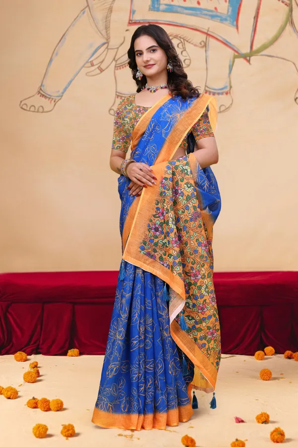 FLUIT_LESVETEMENTS_Floral_Print_Kalamkari_Cotton_Linen_Saree_with_Unstitched_Blouse_(Blue)