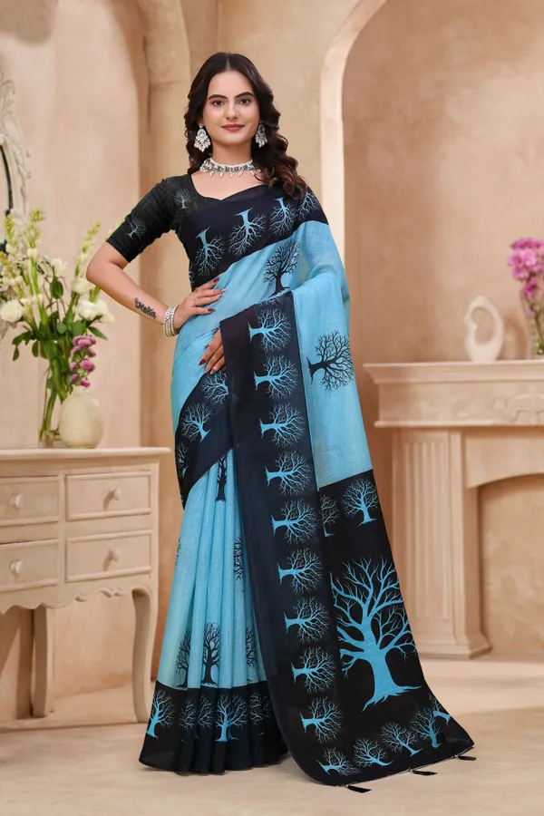 FLUIT_LESVETEMENTS_Striped_Bollywood_Cotton_Linen_Saree_with_Unstitched_Blouse_(Light_Blue)