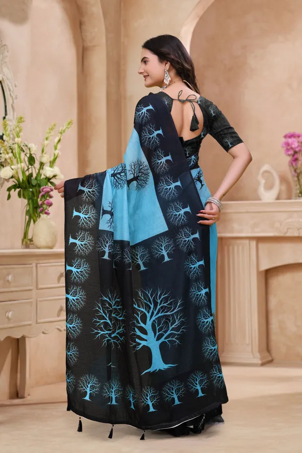 FLUIT_LESVETEMENTS_Striped_Bollywood_Cotton_Linen_Saree_with_Unstitched_Blouse_(Light_Blue)