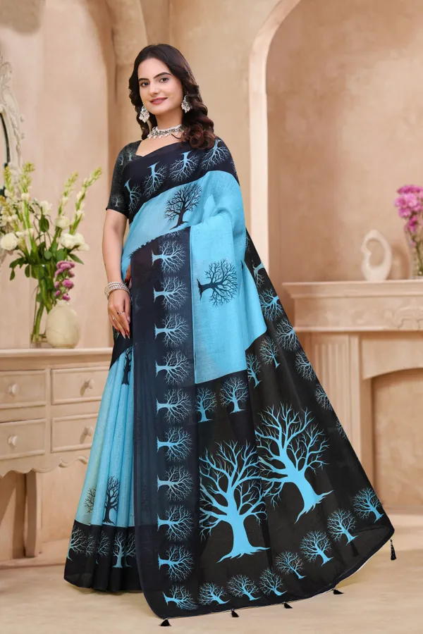 FLUIT_LESVETEMENTS_Striped_Bollywood_Cotton_Linen_Saree_with_Unstitched_Blouse_(Light_Blue)