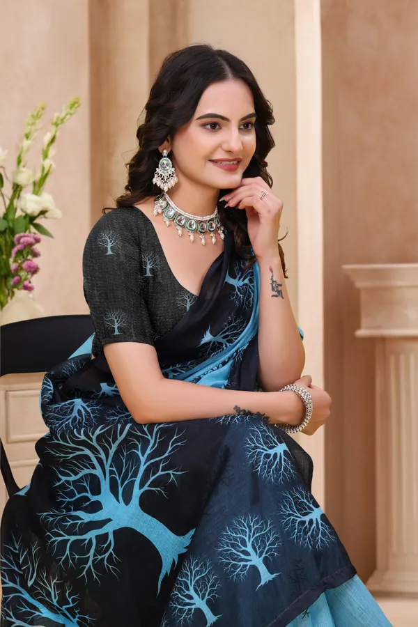 FLUIT_LESVETEMENTS_Striped_Bollywood_Cotton_Linen_Saree_with_Unstitched_Blouse_(Light_Blue)