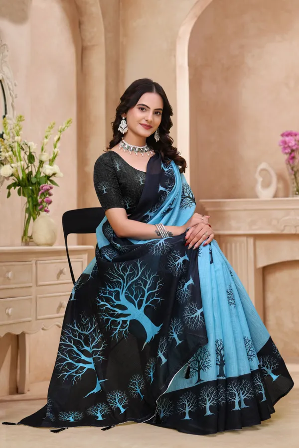 FLUIT_LESVETEMENTS_Striped_Bollywood_Cotton_Linen_Saree_with_Unstitched_Blouse_(Light_Blue)