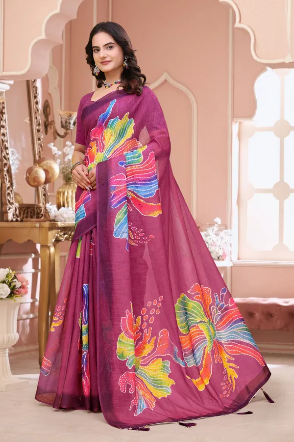 FLUIT_LESVETEMENTS_Paisley_Daily_Wear_Cotton_Linen_Saree_with_Unstitched_Blouse_(Magenta)