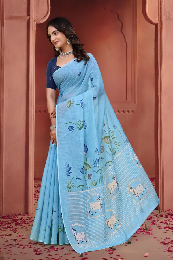 FLUIT_LESVETEMENTS_Paisley_Daily_Wear_Cotton_Linen_Saree_with_Unstitched_Blouse_(Light_Blue)