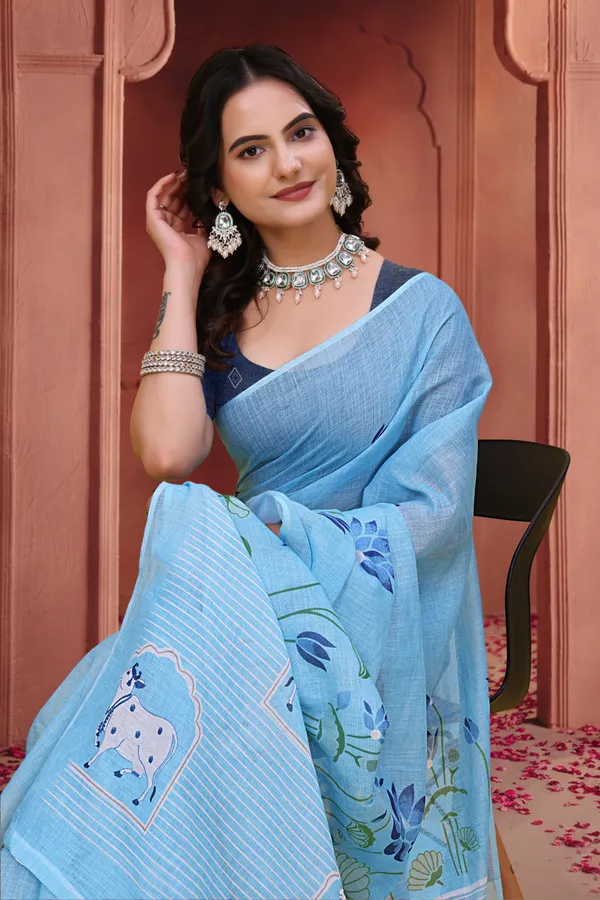 FLUIT_LESVETEMENTS_Paisley_Daily_Wear_Cotton_Linen_Saree_with_Unstitched_Blouse_(Light_Blue)