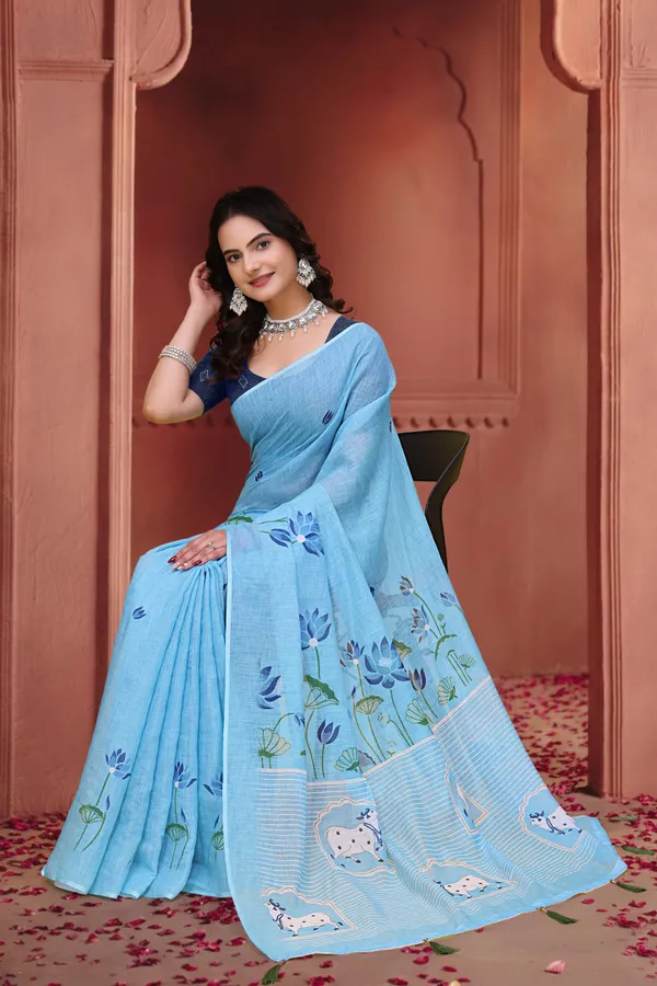 FLUIT_LESVETEMENTS_Paisley_Daily_Wear_Cotton_Linen_Saree_with_Unstitched_Blouse_(Light_Blue)