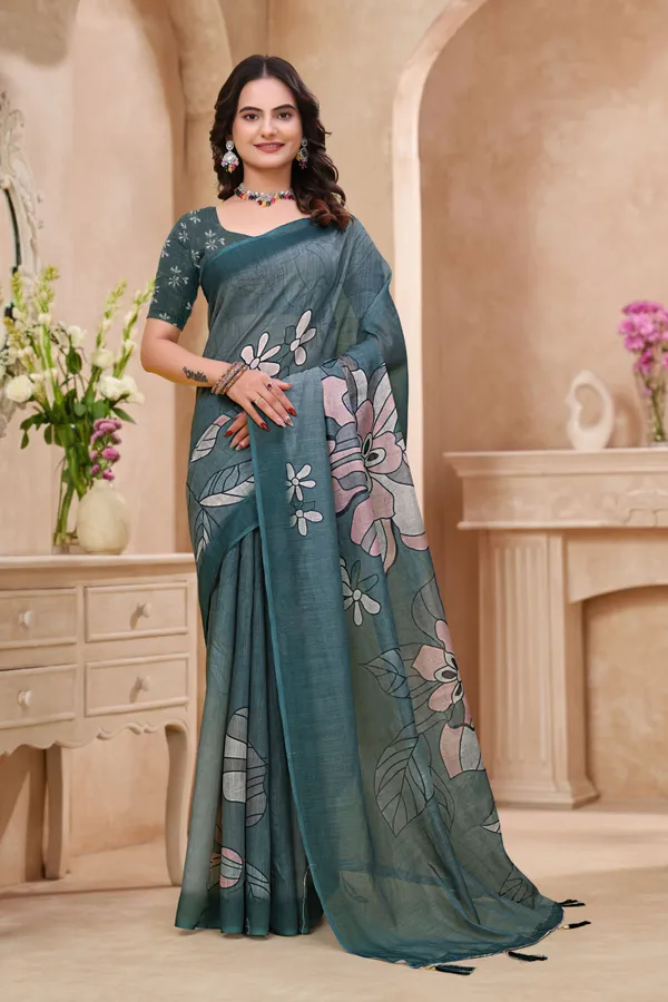 FLUIT_LESVETEMENTS_Floral_Print_Daily_Wear_Cotton_Linen_Saree_with_Unstitched_Blouse_(Green)
