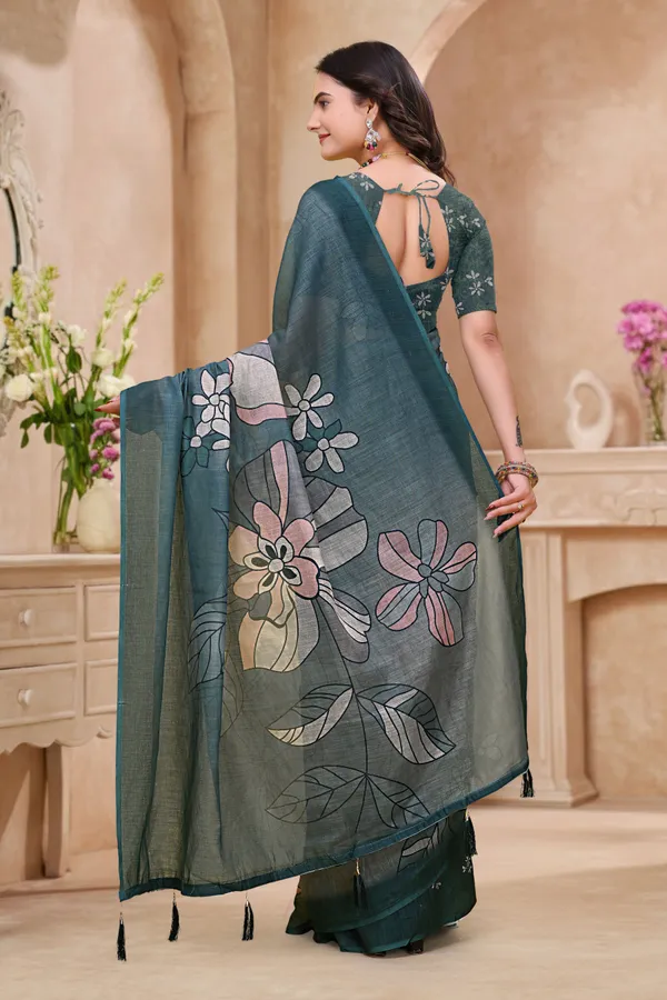 FLUIT_LESVETEMENTS_Floral_Print_Daily_Wear_Cotton_Linen_Saree_with_Unstitched_Blouse_(Green)