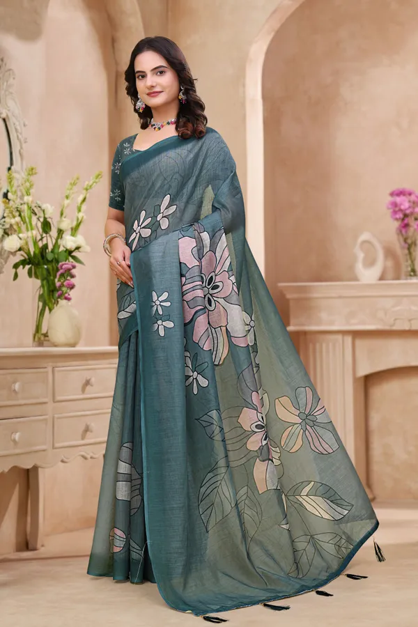 FLUIT_LESVETEMENTS_Floral_Print_Daily_Wear_Cotton_Linen_Saree_with_Unstitched_Blouse_(Green)