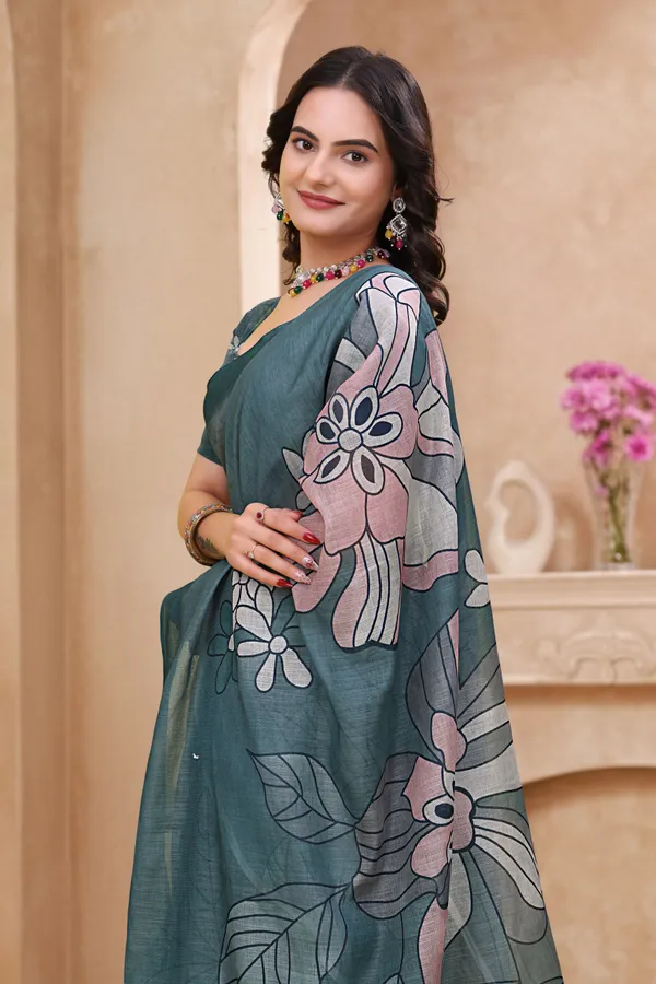 FLUIT_LESVETEMENTS_Floral_Print_Daily_Wear_Cotton_Linen_Saree_with_Unstitched_Blouse_(Green)