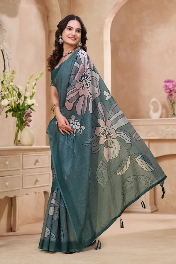 FLUIT_LESVETEMENTS_Floral_Print_Daily_Wear_Cotton_Linen_Saree_with_Unstitched_Blouse_(Green)