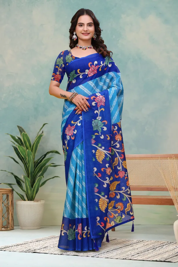 FLUIT_LESVETEMENTS_Striped_Bollywood_Cotton_Linen_Saree_with_Unstitched_Blouse_(Blue)