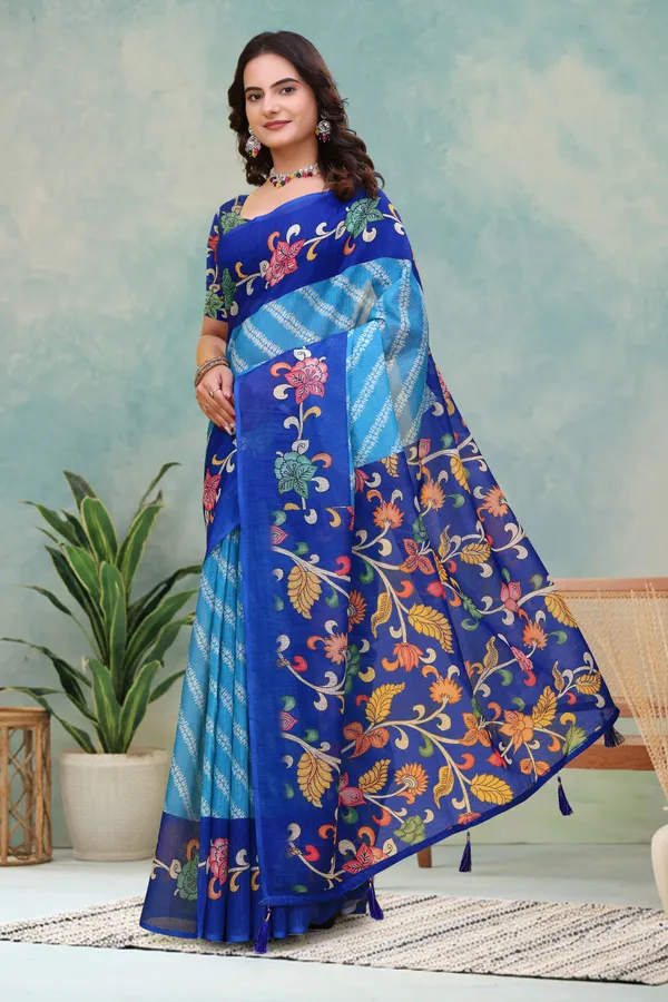 FLUIT_LESVETEMENTS_Striped_Bollywood_Cotton_Linen_Saree_with_Unstitched_Blouse_(Blue)