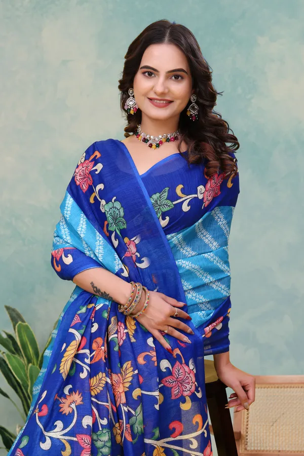 FLUIT_LESVETEMENTS_Striped_Bollywood_Cotton_Linen_Saree_with_Unstitched_Blouse_(Blue)