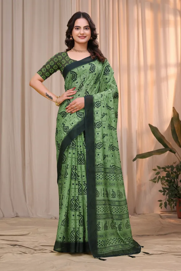 FLUIT_LESVETEMENTS_Paisley_Daily_Wear_Cotton_Linen_Saree_with_Unstitched_Blouse_(Green)