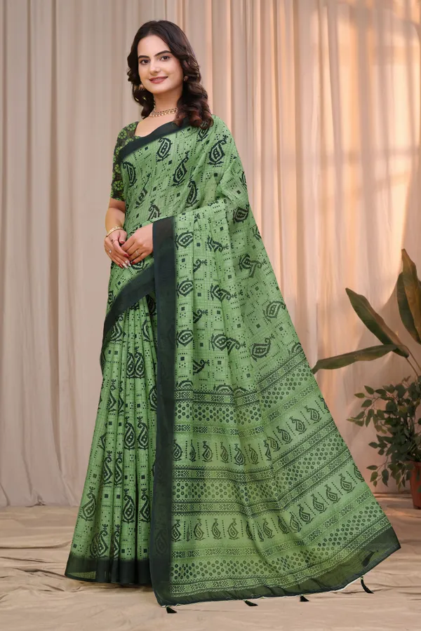 FLUIT_LESVETEMENTS_Paisley_Daily_Wear_Cotton_Linen_Saree_with_Unstitched_Blouse_(Green)
