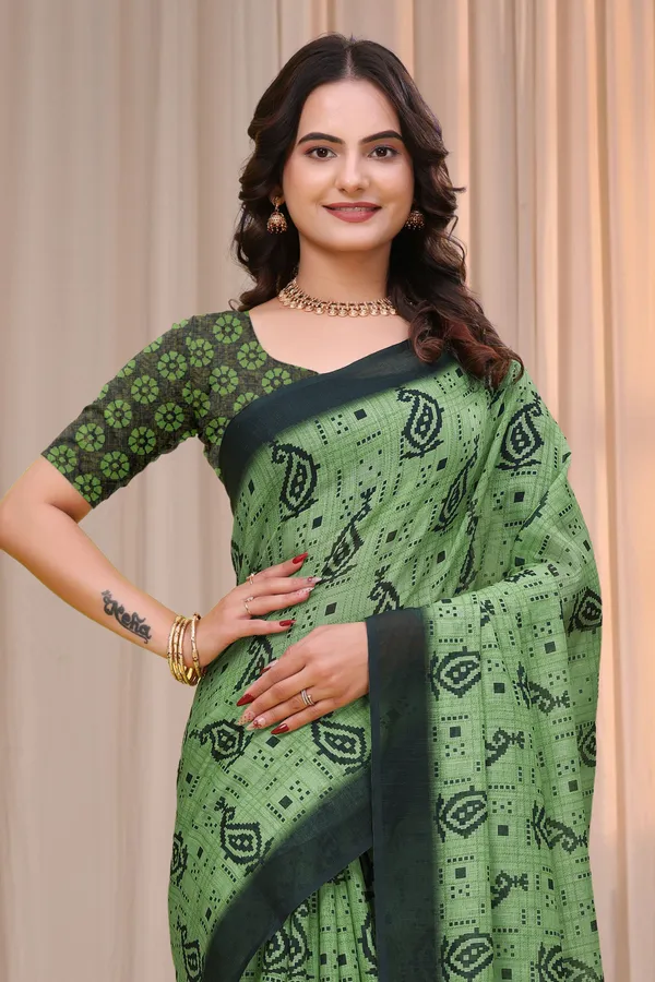 FLUIT_LESVETEMENTS_Paisley_Daily_Wear_Cotton_Linen_Saree_with_Unstitched_Blouse_(Green)