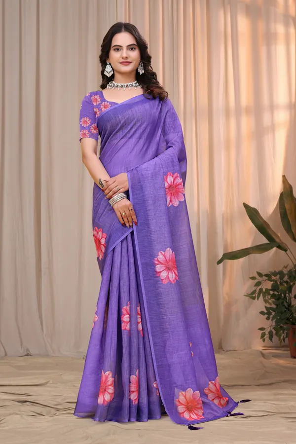 FLUIT_LESVETEMENTS_Floral_Print_Daily_Wear_Cotton_Linen_Saree_with_Unstitched_Blouse_(Purple)