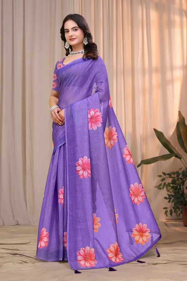 FLUIT_LESVETEMENTS_Floral_Print_Daily_Wear_Cotton_Linen_Saree_with_Unstitched_Blouse_(Purple)