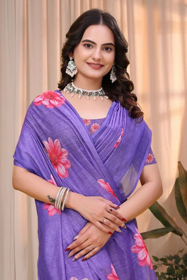 FLUIT_LESVETEMENTS_Floral_Print_Daily_Wear_Cotton_Linen_Saree_with_Unstitched_Blouse_(Purple)