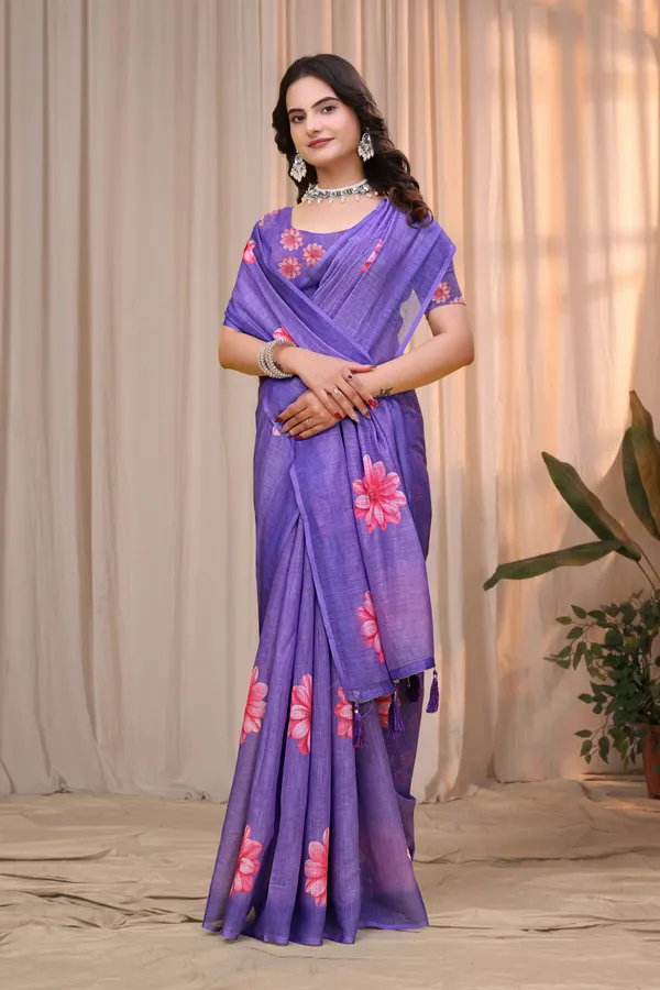 FLUIT_LESVETEMENTS_Floral_Print_Daily_Wear_Cotton_Linen_Saree_with_Unstitched_Blouse_(Purple)