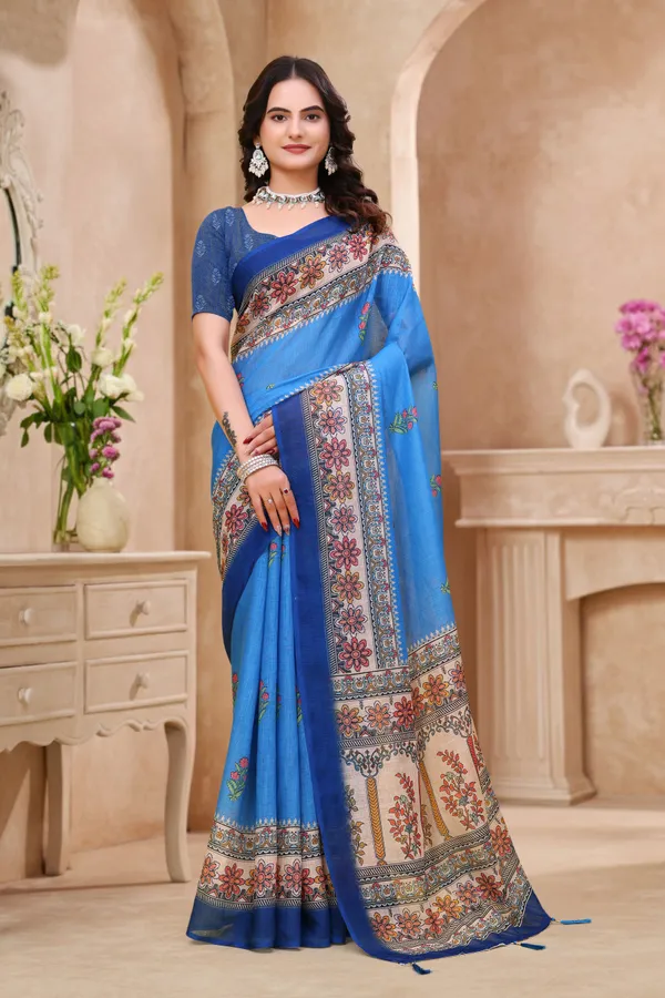 FLUIT_LESVETEMENTS_Floral_Print_Kalamkari_Cotton_Linen_Saree_with_Unstitched_Blouse_(Blue)