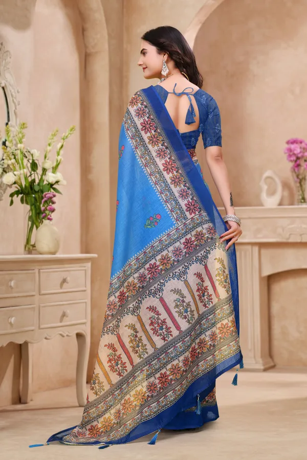 FLUIT_LESVETEMENTS_Floral_Print_Kalamkari_Cotton_Linen_Saree_with_Unstitched_Blouse_(Blue)