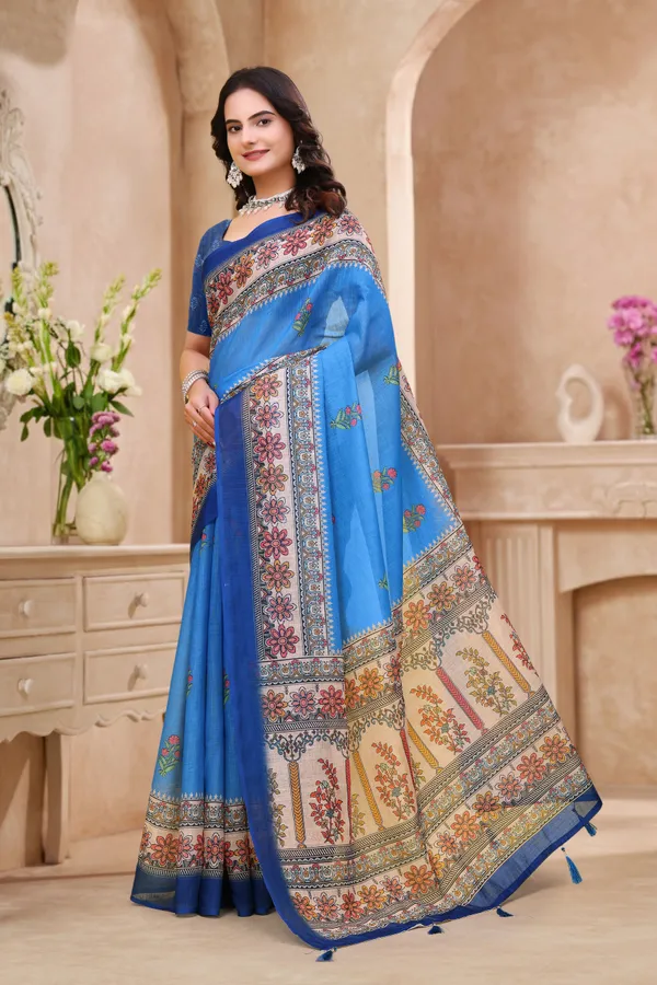 FLUIT_LESVETEMENTS_Floral_Print_Kalamkari_Cotton_Linen_Saree_with_Unstitched_Blouse_(Blue)