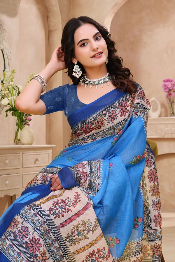 FLUIT_LESVETEMENTS_Floral_Print_Kalamkari_Cotton_Linen_Saree_with_Unstitched_Blouse_(Blue)