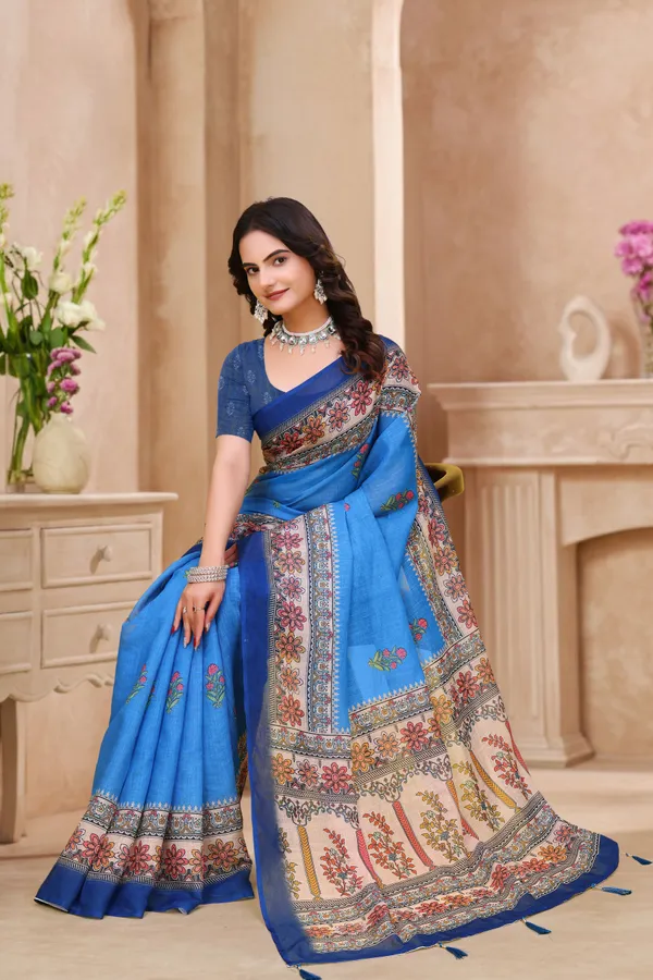 FLUIT_LESVETEMENTS_Floral_Print_Kalamkari_Cotton_Linen_Saree_with_Unstitched_Blouse_(Blue)
