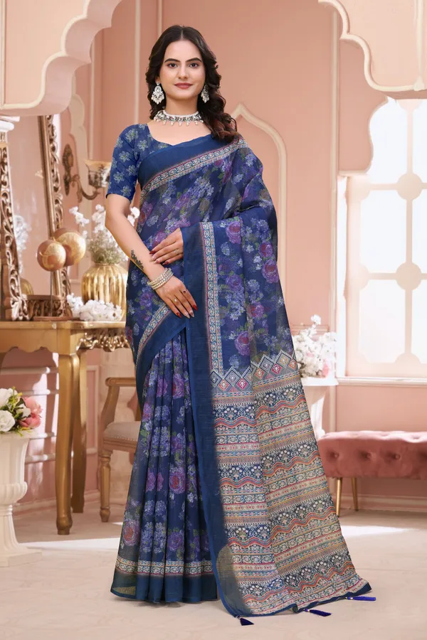 FLUIT_LESVETEMENTS_Paisley_Daily_Wear_Cotton_Linen_Saree_with_Unstitched_Blouse_(Dark_Blue)