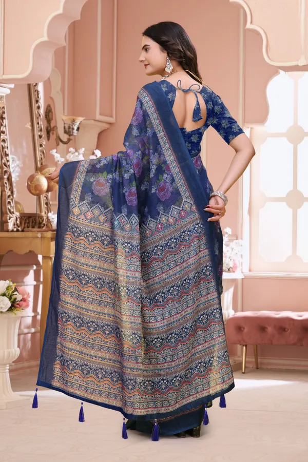 FLUIT_LESVETEMENTS_Paisley_Daily_Wear_Cotton_Linen_Saree_with_Unstitched_Blouse_(Dark_Blue)