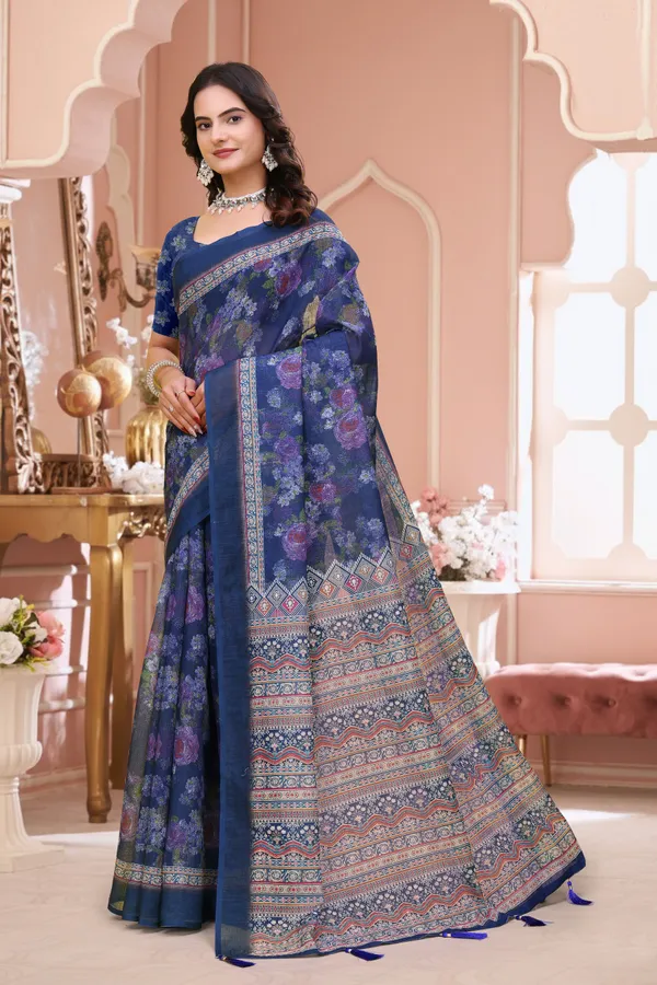 FLUIT_LESVETEMENTS_Paisley_Daily_Wear_Cotton_Linen_Saree_with_Unstitched_Blouse_(Dark_Blue)