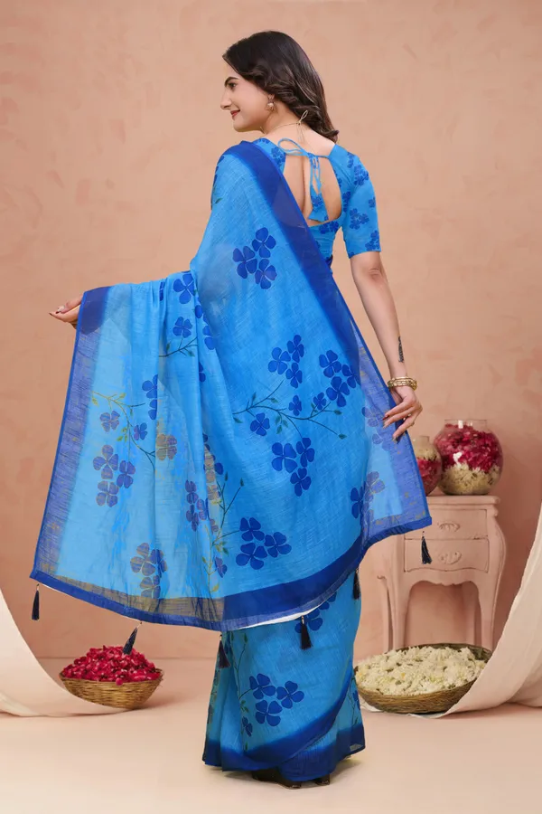 FLUIT_LESVETEMENTS_Floral_Print_Daily_Wear_Cotton_Linen_Saree_with_Unstitched_Blouse_(Light_Blue)