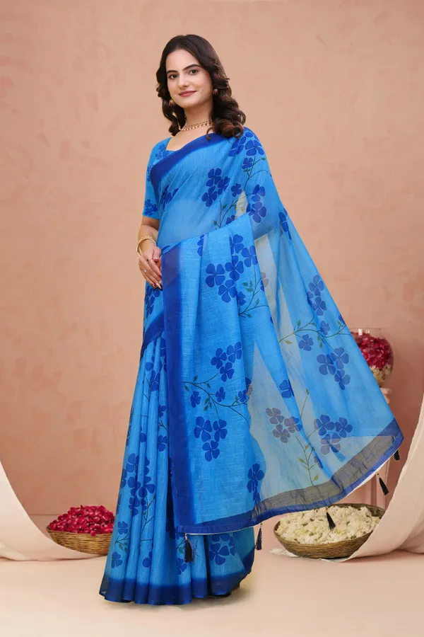FLUIT_LESVETEMENTS_Floral_Print_Daily_Wear_Cotton_Linen_Saree_with_Unstitched_Blouse_(Light_Blue)
