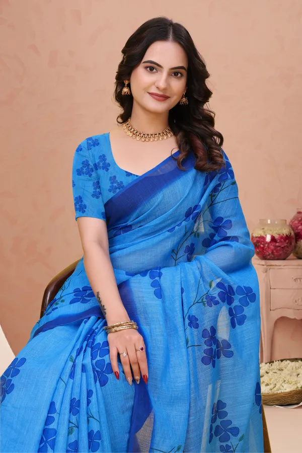 FLUIT_LESVETEMENTS_Floral_Print_Daily_Wear_Cotton_Linen_Saree_with_Unstitched_Blouse_(Light_Blue)