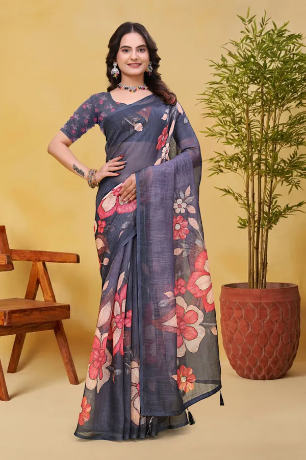 FLUIT_LESVETEMENTS_Floral_Print_Daily_Wear_Cotton_Linen_Saree_with_Unstitched_Blouse_(Grey)