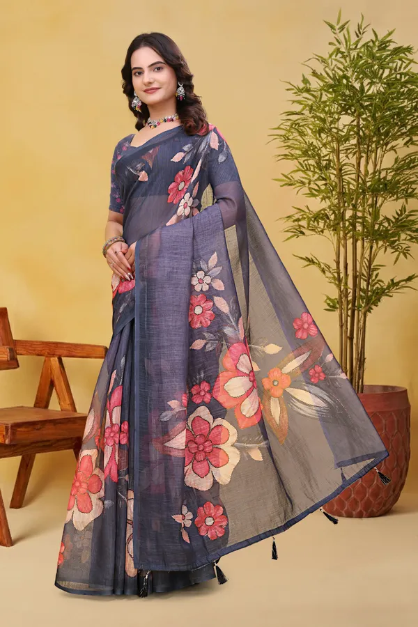 FLUIT_LESVETEMENTS_Floral_Print_Daily_Wear_Cotton_Linen_Saree_with_Unstitched_Blouse_(Grey)