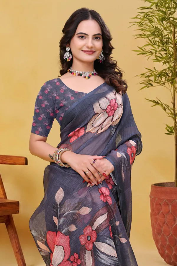 FLUIT_LESVETEMENTS_Floral_Print_Daily_Wear_Cotton_Linen_Saree_with_Unstitched_Blouse_(Grey)