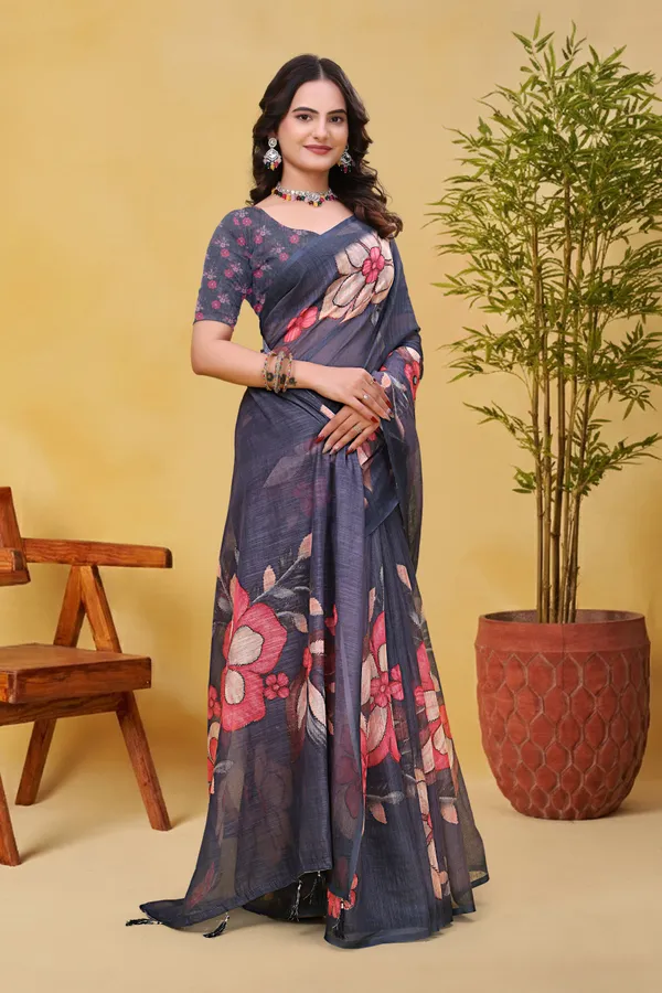 FLUIT_LESVETEMENTS_Floral_Print_Daily_Wear_Cotton_Linen_Saree_with_Unstitched_Blouse_(Grey)