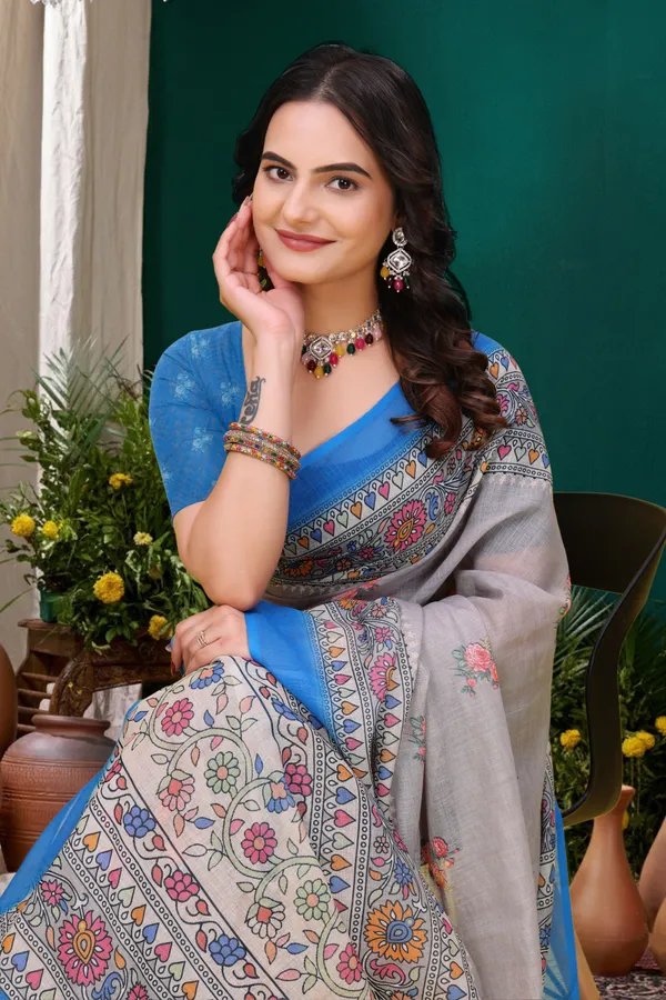 FLUIT_LESVETEMENTS_Striped_Bollywood_Cotton_Linen_Saree_with_Unstitched_Blouse_(Grey)