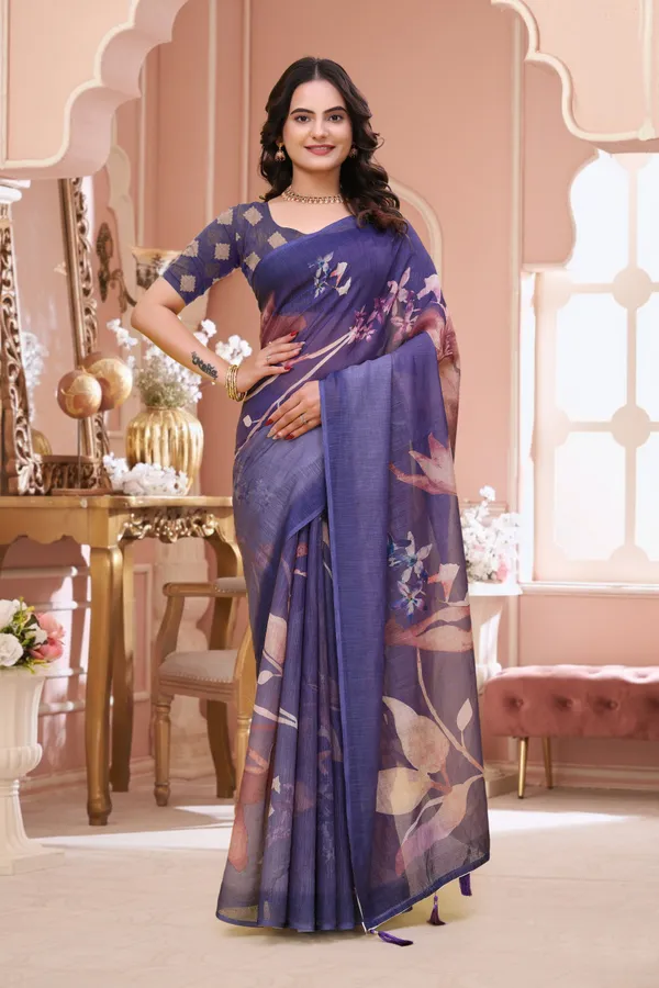 FLUIT_LESVETEMENTS_Floral_Print_Daily_Wear_Cotton_Linen_Saree_with_Unstitched_Blouse_(Purple)