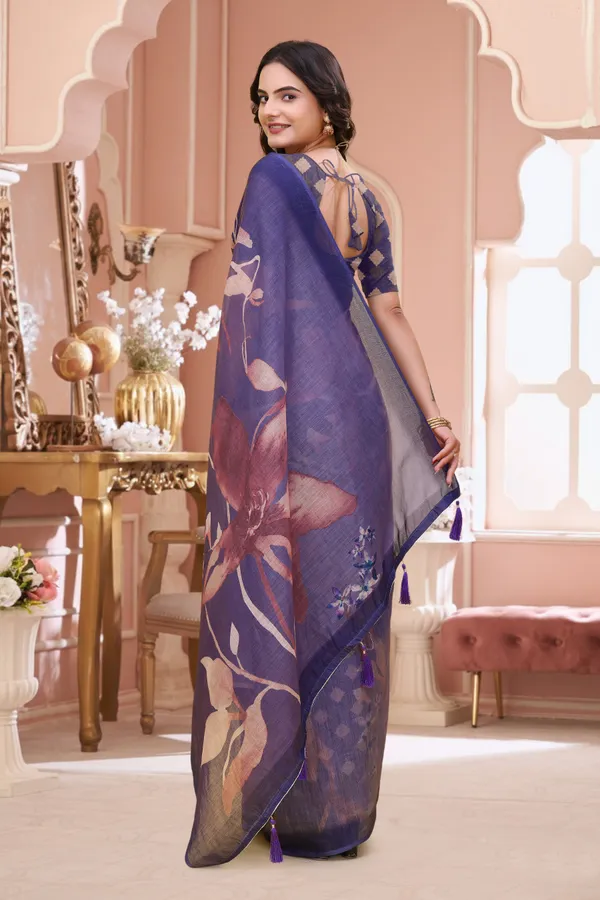 FLUIT_LESVETEMENTS_Floral_Print_Daily_Wear_Cotton_Linen_Saree_with_Unstitched_Blouse_(Purple)