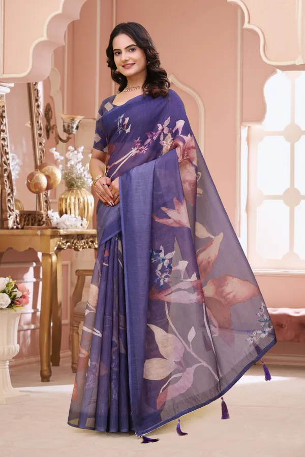 FLUIT_LESVETEMENTS_Floral_Print_Daily_Wear_Cotton_Linen_Saree_with_Unstitched_Blouse_(Purple)