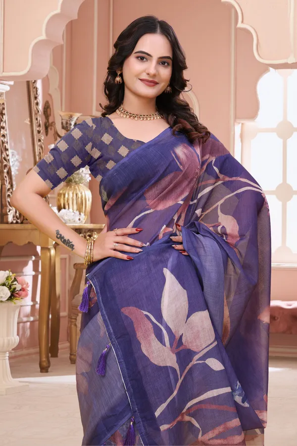 FLUIT_LESVETEMENTS_Floral_Print_Daily_Wear_Cotton_Linen_Saree_with_Unstitched_Blouse_(Purple)