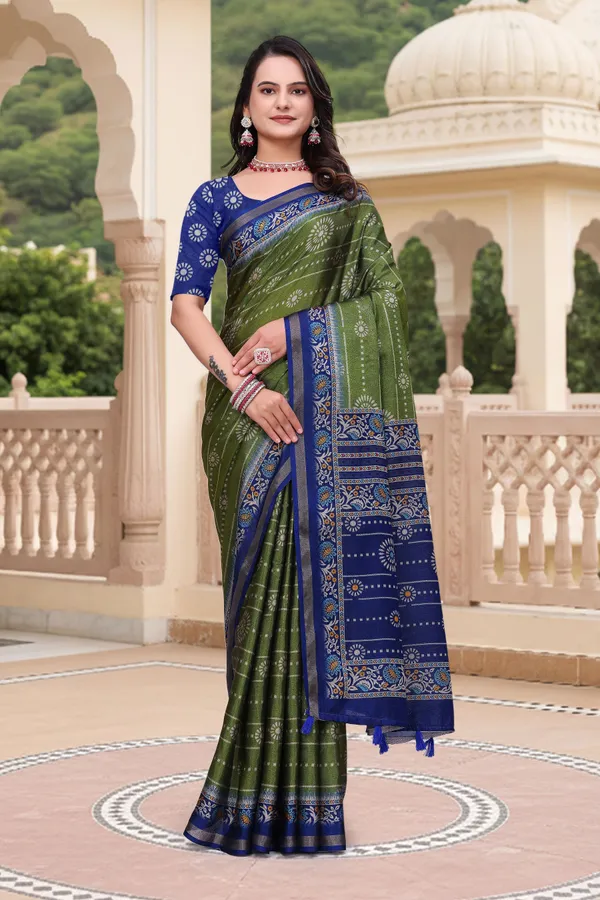 FLUIT_LESVETEMENTS_Geometric_Print_Bandhani_Muslin_Saree_with_Unstitched_Blouse_(Dark_Green)